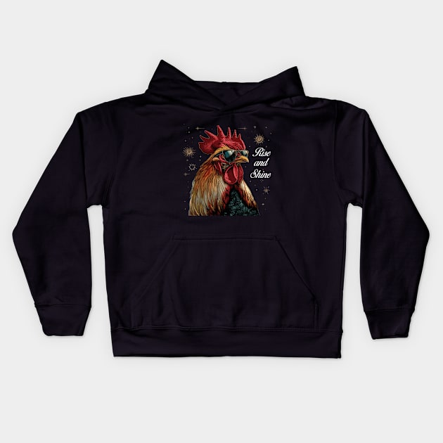 Rise and Shine - Rooster (with White Lettering) Kids Hoodie by VelvetRoom